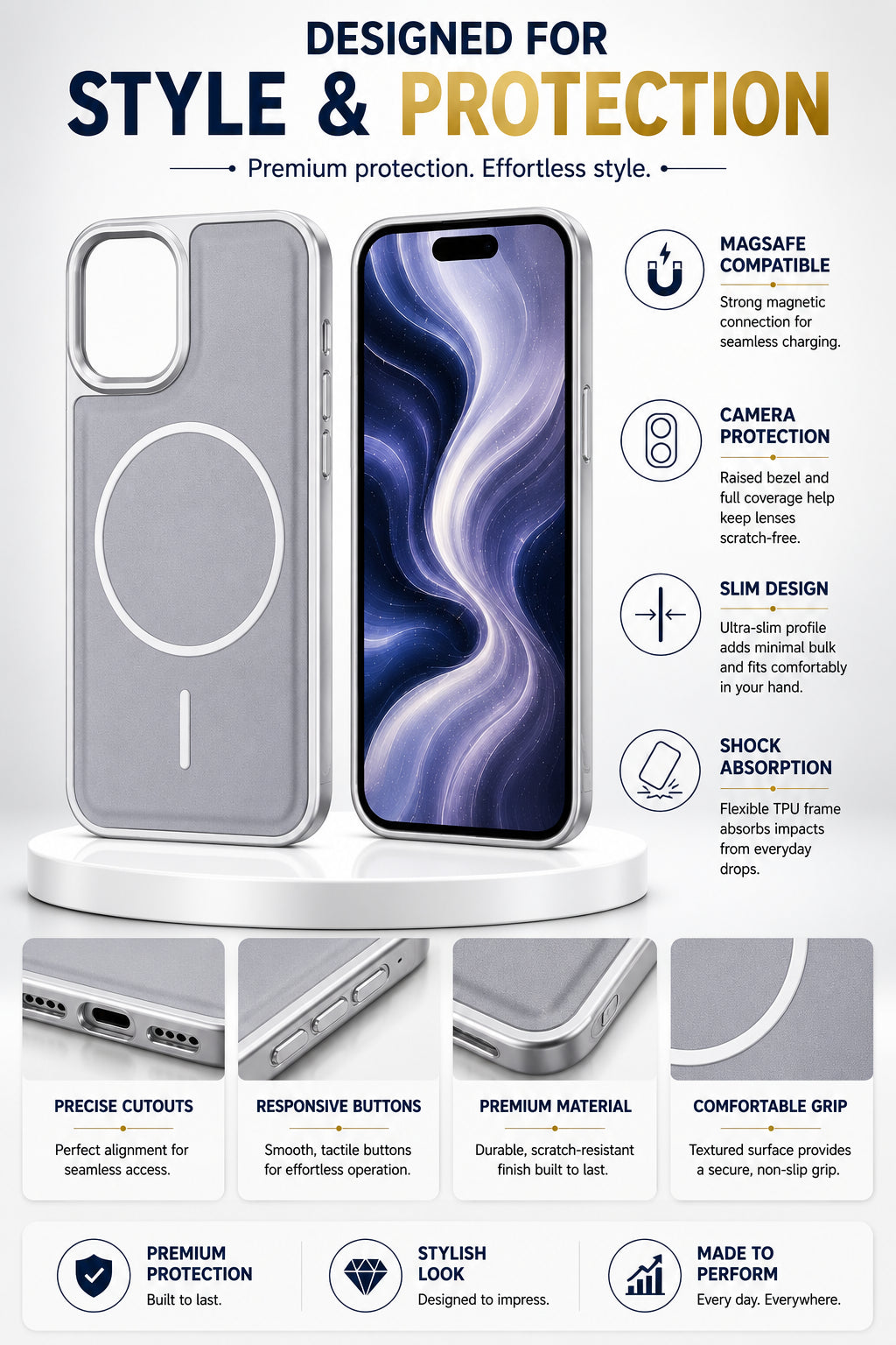 Premium Artificial Leather Back Cover Compatible with Apple iPhone 15 Pro Max, Slim Protective Grip Case (Silver) - Image 5