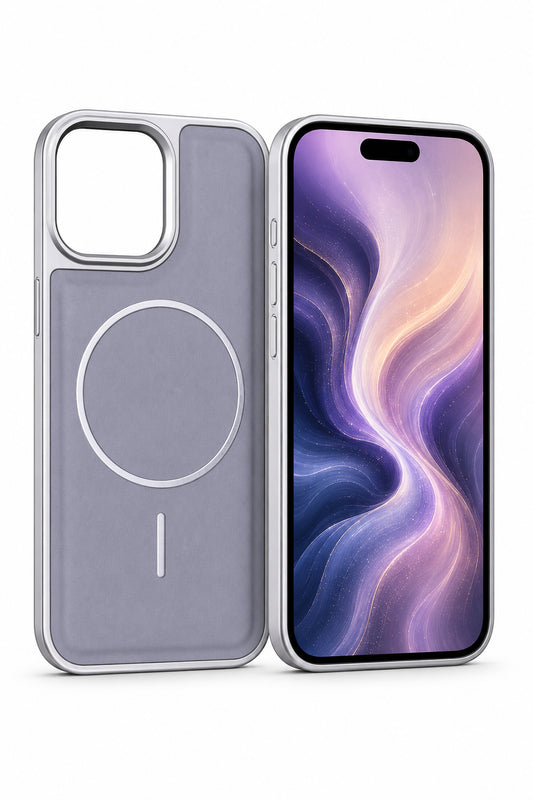 Premium Artificial Leather Back Cover Compatible with Apple iPhone 15 Pro Max, Slim Protective Grip Case (Silver) - Main image